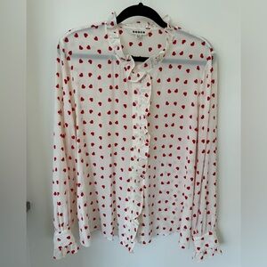 Boden Cream Blouse with Red Heart Pattern - 100% Silk, size 16-18